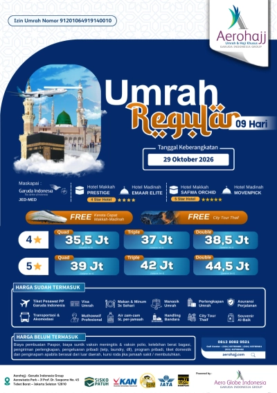 Umrah Reguler 9 Hari 29 Oktober Bintang 4