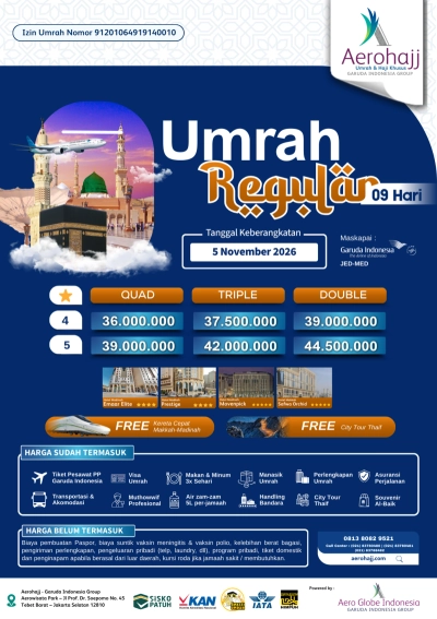 Umrah Reguler 9 Hari 5 November Bintang 5
